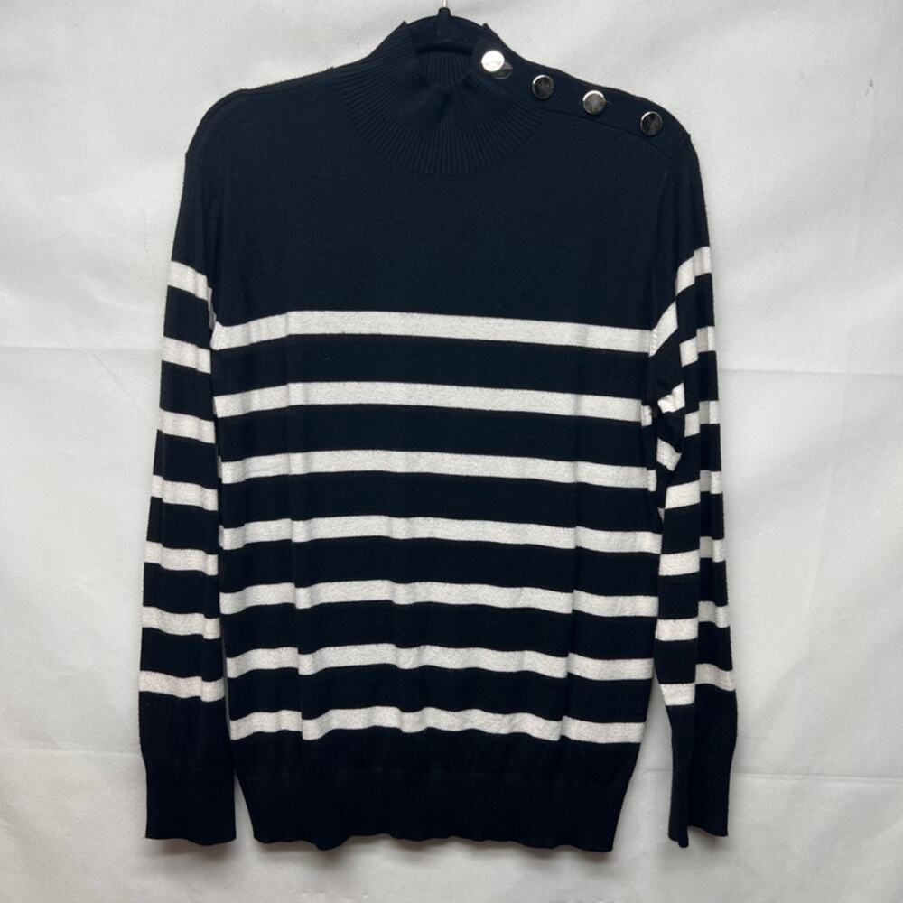 Joseph A Striped Black & White Women's Pullover Mock Neck Sweater Size Medium